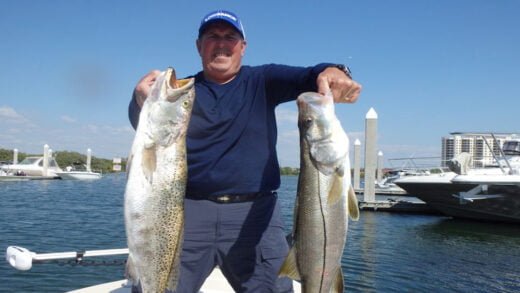 Angler holding large Tampa Bay Trout and Snook