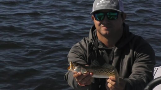 Angler holding a Big Whisker Trout in shallow backwater fishing conditions in Cockroach Bay